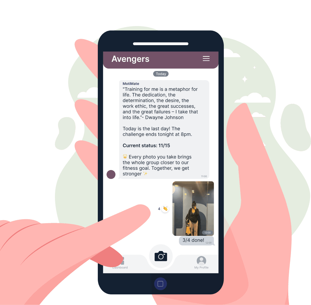 A set of two hands. The right one holding a phone with the group-chat of the MotiMate-App running. The left hand swiping down to read new messages.